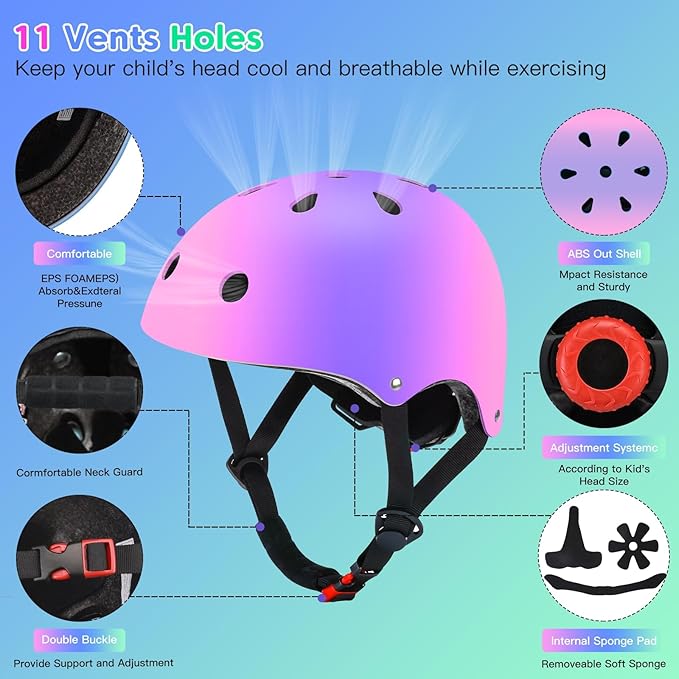 Color Gradient Adjustable Kids Bike Helmet Toddler Skateboard Helmets Boys Girls Child Ventilation Helmet for Multi-Sports Skating Cycling Scooter Balance
