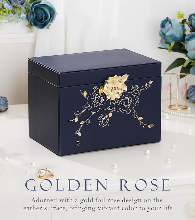 Jewelry Box with Lock for Girls: Jewelry Organizer for Dresser - 3-Drawer Earrings Storage Girls Women Gift (Dark Blue