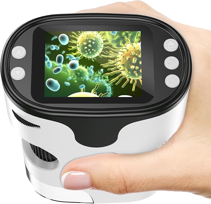 1000X Handheld Microscope for Kids 4K 2.0" Screen Rechargeable Mini Pocket Digital Microscopes w/Slides Kit Portable Edu Gift Age 4-6 8-12 Children Students (White)
