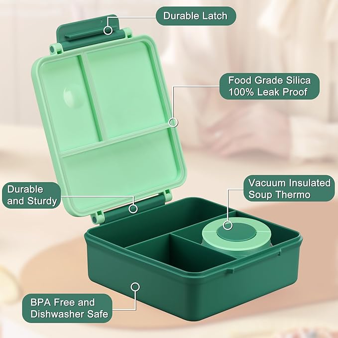 Bento Lunch Box for Kids with 8oz Soup Thermo&Lunch Bag, Leak-Proof Lunch Food Containers with 4 Compartment, Hot Food Insulated Food Jar for Kids School (Green)
