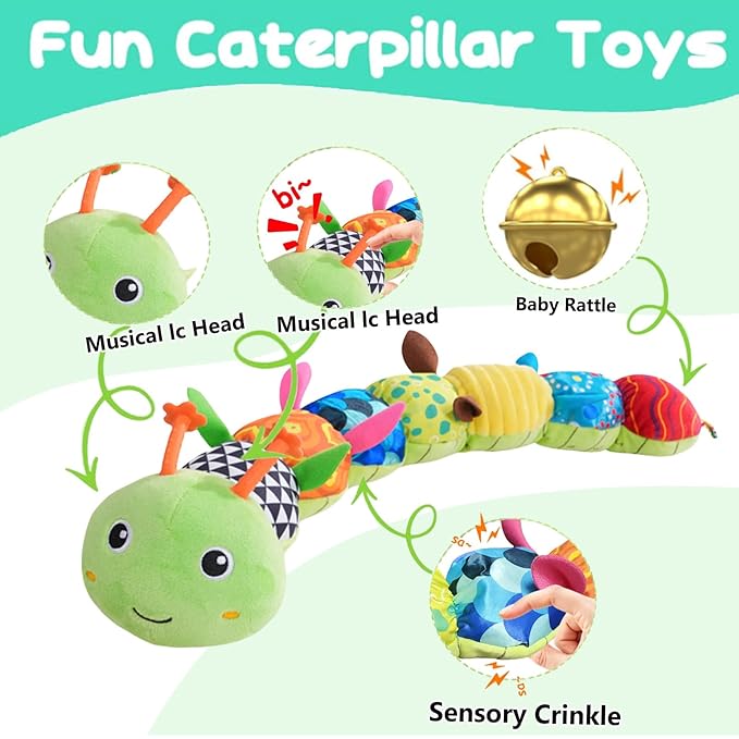 Baby Sensory Toys 0-12 Months, Plush Toys with Music and Rattle, Suitable for Newborn Baby Tummy time, can be Used as a Newborn Birthday, Holiday, Baptism Gift (Green Caterpillar)