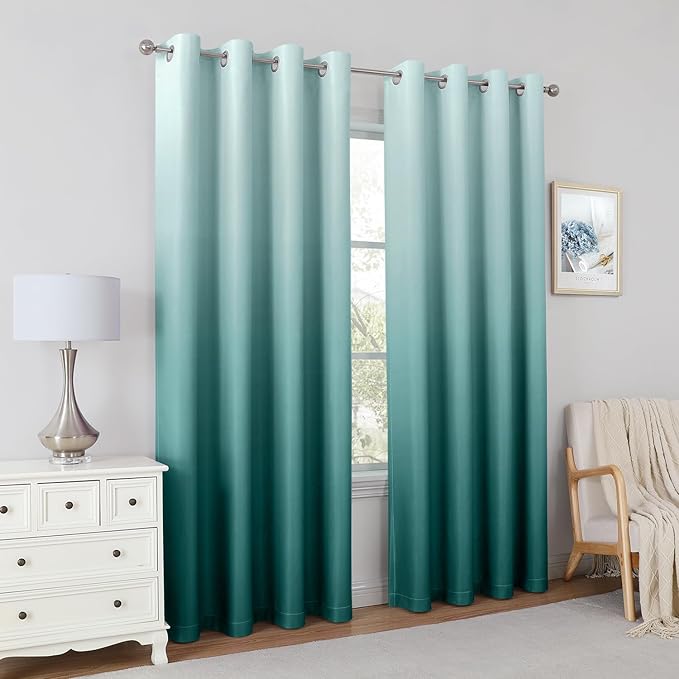HOMEIDEAS Teal Ombre Blackout Curtains 52 X 96 Inch Length Gradient Room Darkening Thermal Insulated Energy Saving Grommet 2 Panels Window Drapes for Living Room, Bedroom