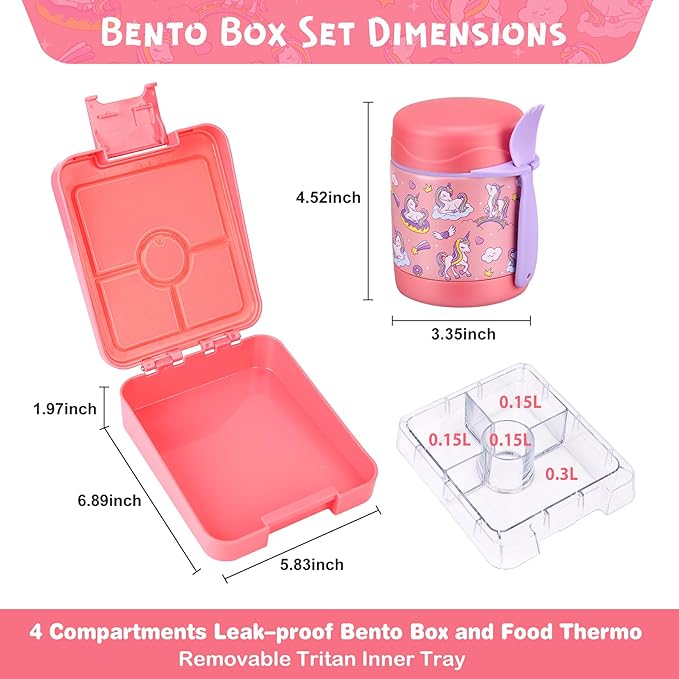 Bento Lunch Box Set With 10oz Soup Thermo, Leak-proof Lunch Containers with 4 Compartment, Kids Hot Thermo Food Jar/Insulation Lunch Bag, Food Containers for School