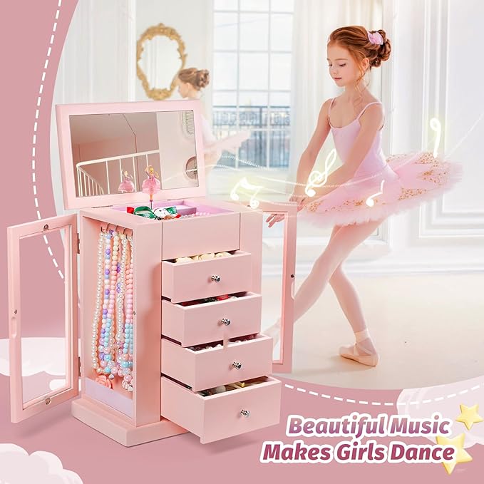 Jewelry Box for Girls, Musical Jewelry Box with Spinning Dancer Gifts for Little Girls Christmas New Year Birthday Children's Day, 5 Layer Large Wooden Kids Music Jewelry Organizer Box(Pink)