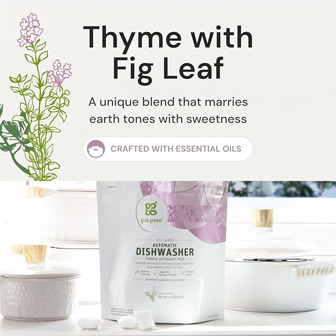 Grab Green Automatic Dishwashing Detergent Pods, 24 Count, Thyme Fig Leaf Scent, Plant and Mineral Based, Superior Cleaning, Powerful Grease Removal,