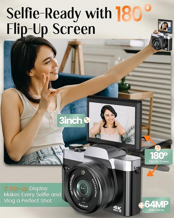 4K Digital Camera for Photography with WiFi,64MP Autofocus Vlogging Camera for YouTube,3'' 180° Flip Screen Compact Travel Camera for Teens with 32GB SD Card,16X Zoom,Anti-Shake,2 Batteries(Charcoal)