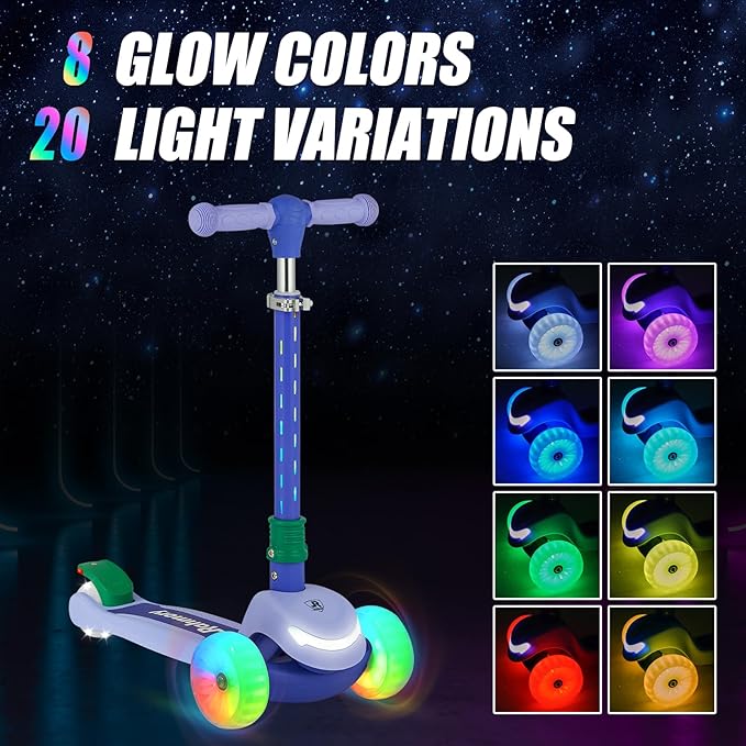 3-Wheel Light-Up Kids Scooter, 20 Different Light Patterns,Three Adjustable Heights,Lean to Steer, Balance Scooter for Ages 3-8