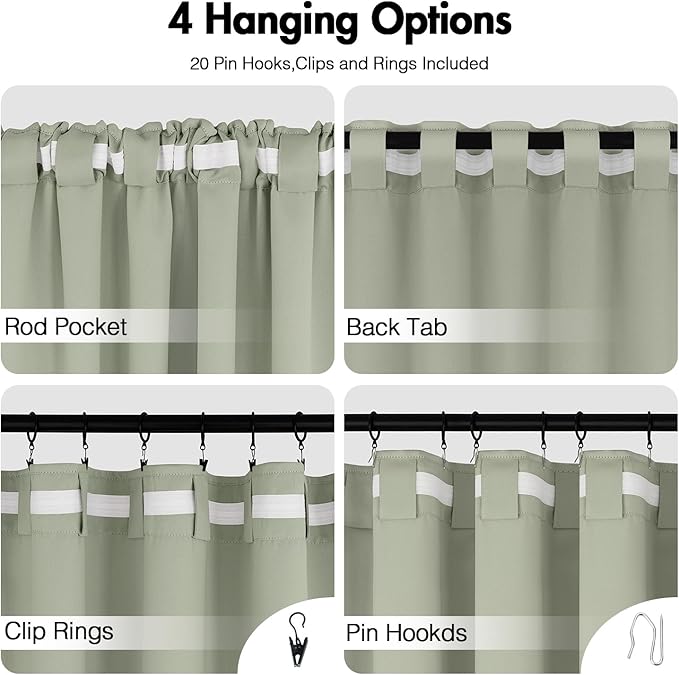 ANRODUO Back Tab Blackout Curtains for Bedroom Living Room, Rod Pocket Pinch Pleated Thermal Insulated Room Darkening Curtains 45 Inches Long 2 Panels, Sage Green, 42 x 45 Inch