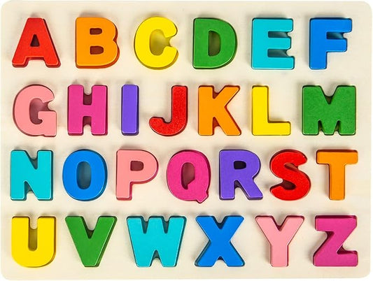 Alphabet Puzzle Wooden Puzzles for Toddlers 3 4 5 Year Old, ABC Puzzle Shape Alphabet Learning Puzzles Toys with Puzzle Board & Letter Blocks, Preschool Educational for Girls Boys