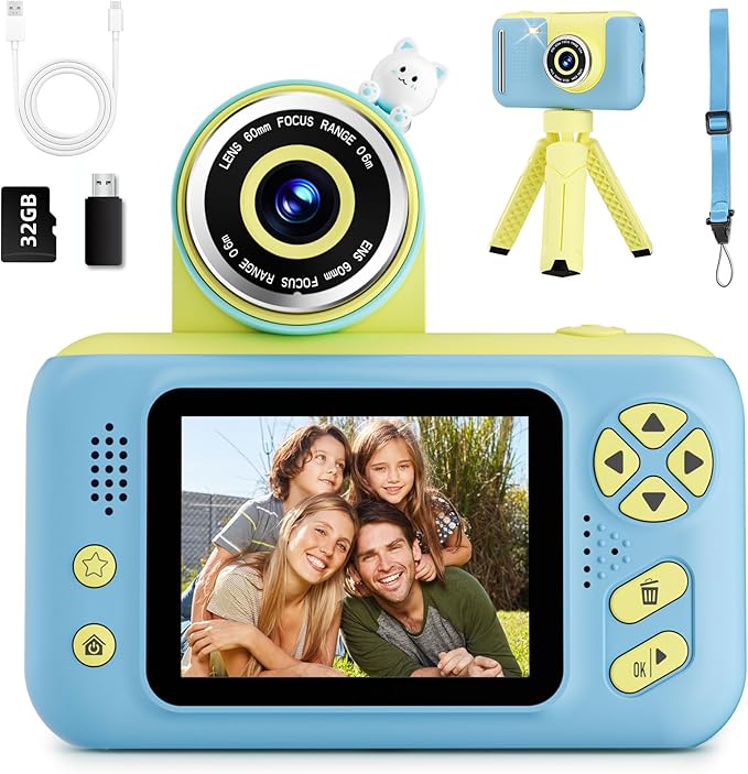 Camera for Kids, Toddler Volging Cameras Age 3-8 Christmas Birthday Gifts for Boys and Girls 3-12 Year Old Boys Digital Camcorder for Video Portable Kids Selfie Camera with 32GB SD Card Blue