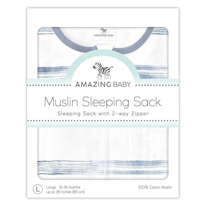 Amazing Baby Cotton Muslin Sleeping Sack, for Baby Boy or Girl, Wearable Blanket with 2-Way Zipper, Watercolor Stripes, Denim, Large (12-18 Month)