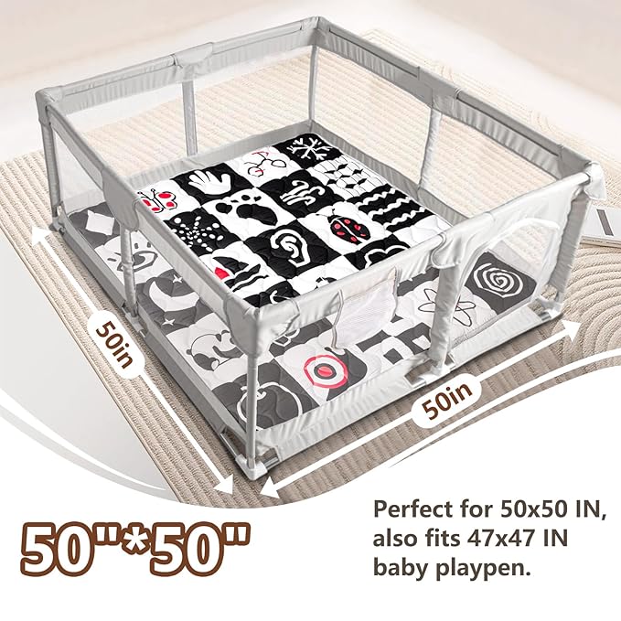 Baby Play Mats for Floor, Upgraded Thick Soft 50x50 Playpen Mat, Anti-Slip Bottom, Foldable and Machine Washable Playmat for Babies and Toddlers Infants(High Contrast)