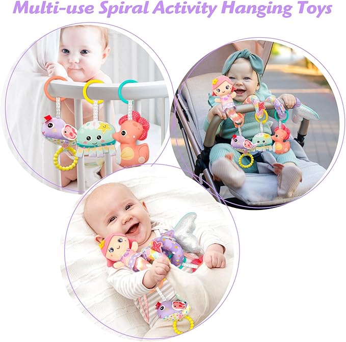 Car Seat Toys for Babies 0-6 Months Boy Girl Carseat Toys Hanging Spiral Stroller Toy, Infant Toy 0-6 Months Baby Newborn 0 3 Month Brain Development with Music Teether Rattle
