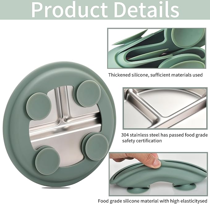 3Pack Sainless Steel Kids Plates with Suction, 8.1” Divided Toddler Baby Plates with Removable Silicone Sleeves BPA Free Non-Slip 2-in-1 Anti Breakage Metal Toddler Bowls