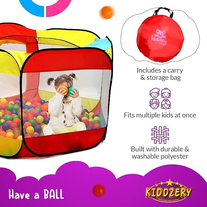 Kids Ball Pit Pop Up Large Tent for Toddlers - Indoor & Outdoor Gift Toys for Infants Girls & Boys, Baby Playpen with Zippered Storage Bag, 200 BallPit Balls Included