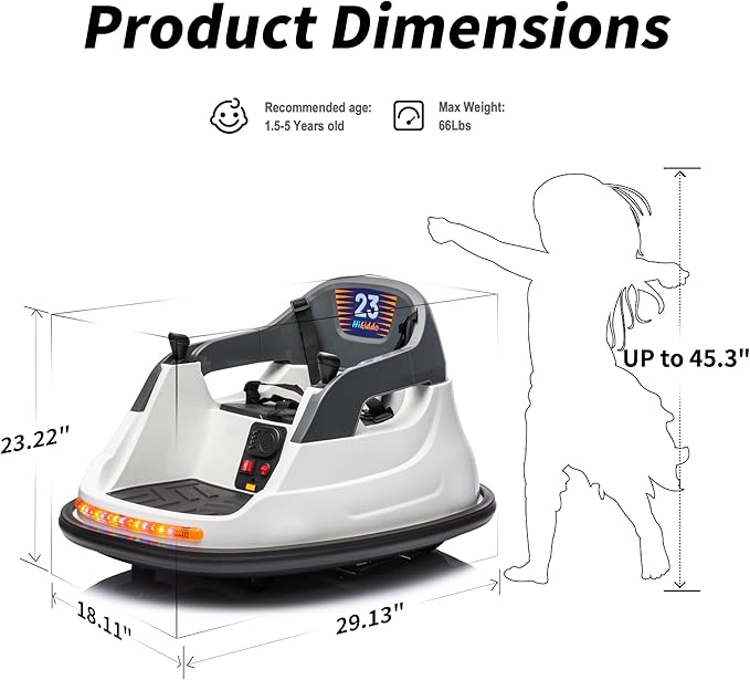 Baby Bumper Car, 6V Electric Kids Bumper Car for Toddlers with Remote Control, Bluetooth - White