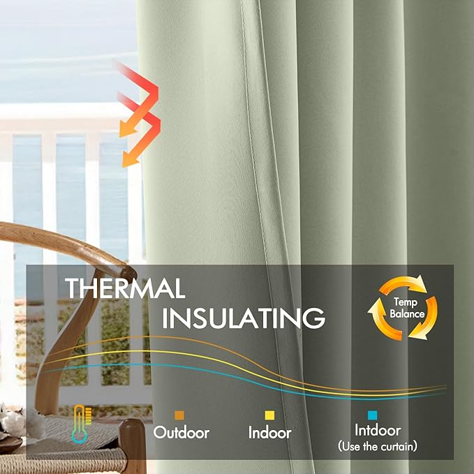 ANRODUO Back Tab Blackout Curtains for Bedroom Living Room, Rod Pocket Pinch Pleated Thermal Insulated Room Darkening Curtains 72 Inches Long 2 Panels, Sage Green, 52 x 72 Inch