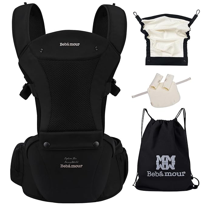 Bebamour Baby Carrier with Hip Seat,All-Position Breathable Mesh Hip Seat & Carrier 0-36Months with Head Hood, 3 PCS Teething Pads, Waist Extender,Storage Bag & Pacifier Case(Black)