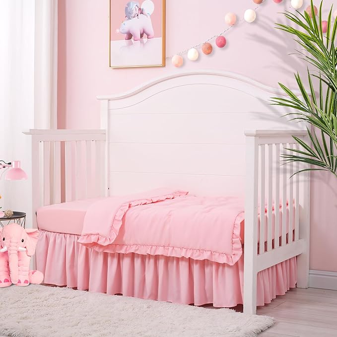 Cloele 3 Pieces Crib Bedding Set for Girls- Solid Ruffle Quilted Includes Comforter Fitted Sheet Crib Skirt,Cute Ruffled Nursery Baby Crib Standard Size Baby Bedding Set Pink