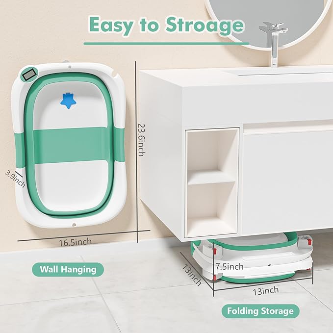 Collapsible Baby Bathtub,Baby Bath Tub with Soft Cushion & Thermometer,Baby Bathtub Newborn to Toddler 0-36 Months,Portable Travel Baby Tub