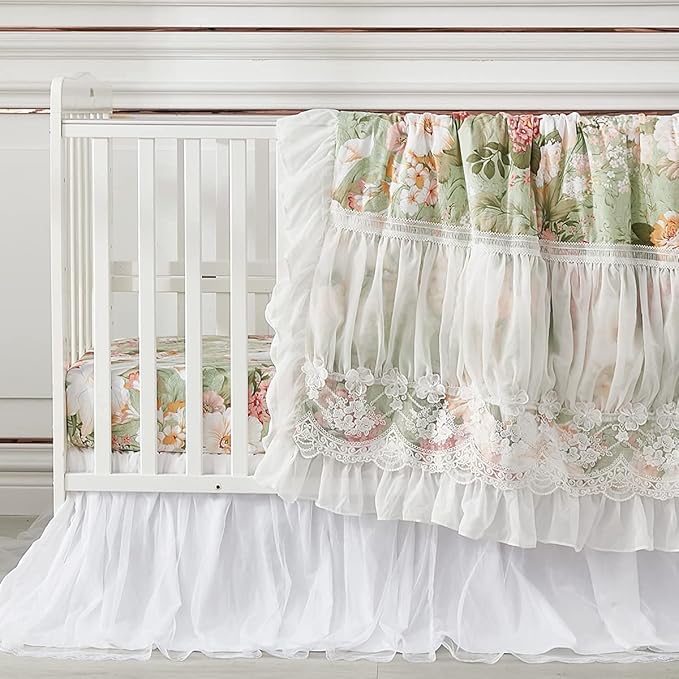 Brandream Crib Bedding Sets for Girls Garden Floral Nursery Set 3-Piece | Ruffled Baby Comforter, Crib Sheet and Tulle Lace Crib Bed Skirt, Green White