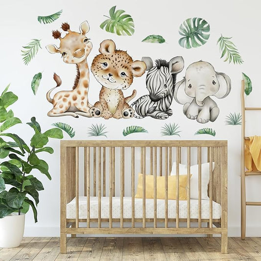 44.88 x22.98 Inch Watercolor Jungle Animal Wall Decals - Tiger, Elephant, Zebra Peel & Stick Wall Art Stickers for Baby Nursery, Playroom, Bedroom, Classroom & Kindergarten Decor