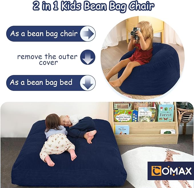 COMAX Kids Bean Bag Chair Turn into Beanbag Bed, Toddler Bean Chair Corduroy for Girl Boy Sleeping, Lazy Children Bean Bags with Filler, Convertible Child Floor Mattress, Dark Blue