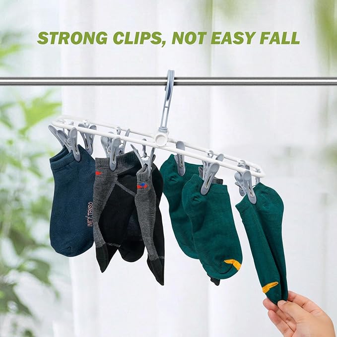 Clothes Drying Hanger with 12 Clips, 2 Pack Folding Portable Hanging Drying Rack,Drip Foldable Hanging Rack, 360° Rotatable Hook for Drying Towels Bras Baby Clothes Gloves Plastic(Blue&Green)