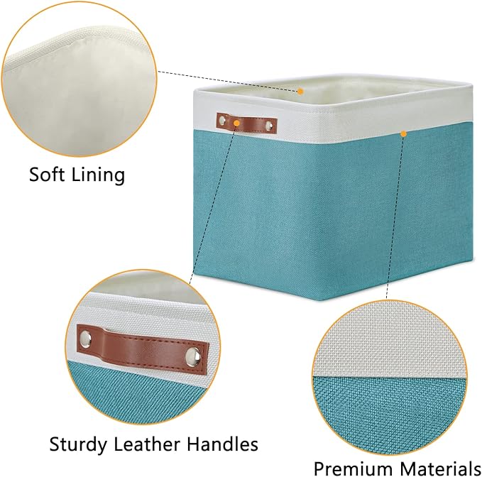 DULLEMELO Large Closet Storage Baskets Canvas Storage Baskets for Organizing 2 Pack Collapsible Home Organizer With Handles (White&Teal)