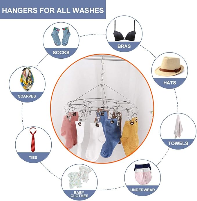 CenYouful Stainless Steel Round Hanging Drying Rack with 20 Clips for Drying Socks, Baby Clothes, Bras, Towel, Underwear, Hat, Scarf, Pants, Gloves