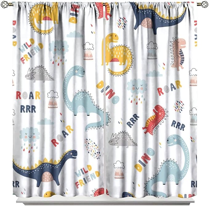 Cartoon Dinosaur Curtains for Kids Boys Girls Home Decor Colorful Cute Dino Animals Print Pattern Rod Pocket Blackout Window Drapes for Nursery Baby Bedroom Playroom W26xL84in 2 Panels