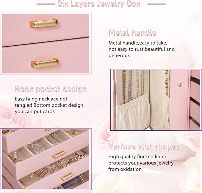 AKOZLIN Large Jewelry Box Organizer Functional with Big Mirror, Leather Jewelry Storage Case for Women Girls Ring Necklace Earring Bracelet Holder Organizer