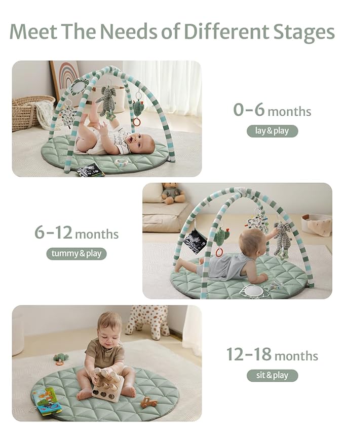 Blissful Diary Waterproof Baby Play Gym Mat, Wipe-Clean Vegan Leather Tummy Time Mat with 6 Detachable Toys, Baby Activity Mat, Sage Green