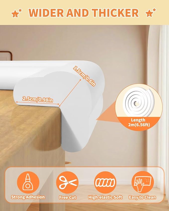 Edge Corner Protector Baby Proofing, 6.56FT 0.6'' Thicken L-Shape Furniture Fireplace Safety Bumper Guard with 6 Corners, Pre-Taped, Soft NBR Rubber Foam, Table Edge Protector for Baby (White)
