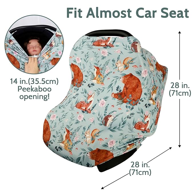 Baby Car Seat Cover, Multi-use Nursing Cover for Breastfeeding, Stretchy Stroller Cover Boys Girls, Stretchy Carseat Canopy, Soft Breathable, Woodland Animal Bear