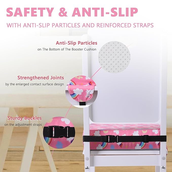 Booster Seat for Kitchen Chair with Adjustable Straps, Toddler Booster Seats for Dining Table Portable for Travel Camping Eating, Booster Cushion for Table for Baby Child Infant Kid Boy Girl