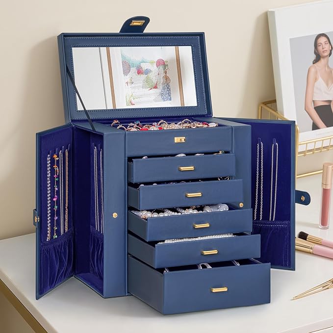 AKOZLIN Extra Large 6-Tier Jewelry Box Organizer Functional Huge, 5 Drawers Leather Jewelry Storage Case for Women Girls Ring Necklace Earring Bracelet Holder Organizer with Mirror Blue