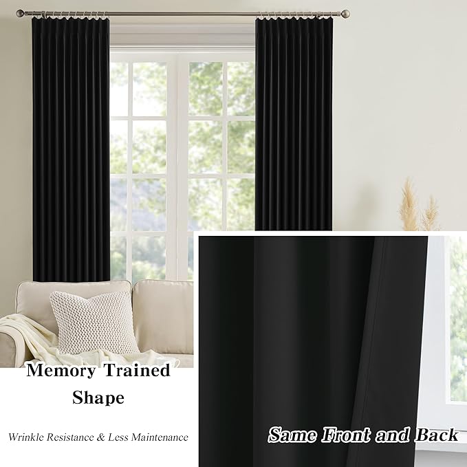 KEQIAOSUOCAI 80 Inch Wide Black Pinch Pleated Curtains 80 x 84, Thermal Insulated Noise Cancelling Living Room Office Drapes 84 Inches Long, Patio Sliding Glass Door Window Curtain 2 Panels