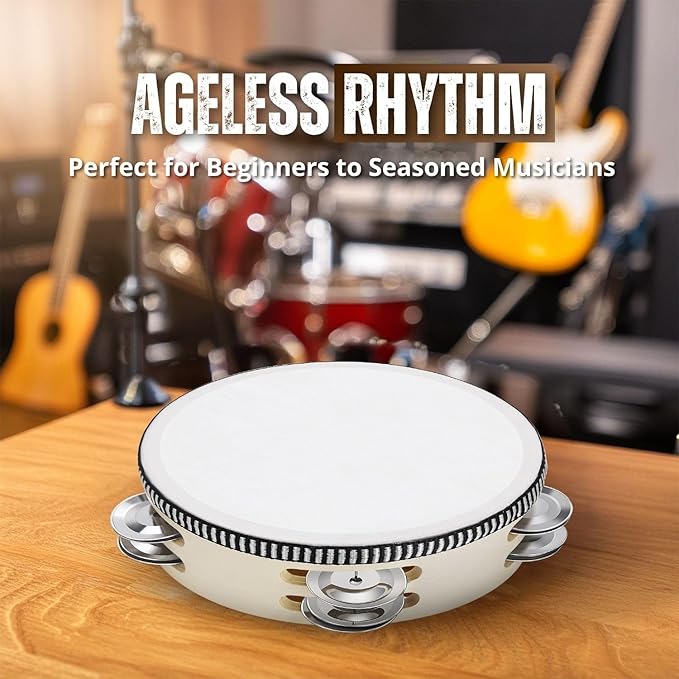 Flexzion Wood Handheld Tambourine Adults 6-Inch Double Row 8-Pair Jingles (Wood) - Percussion Round Tamborines Musical Instrument with Metal Zills