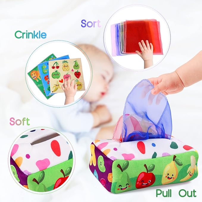 Baby Toys 6 to 12 Months - Tissue Box Toy Montessori for Babies 6-12 Months, Soft Stuffed High Contrast Crinkle Infant Sensory Toys, Boys&Girls Kids Early Learning Gifts