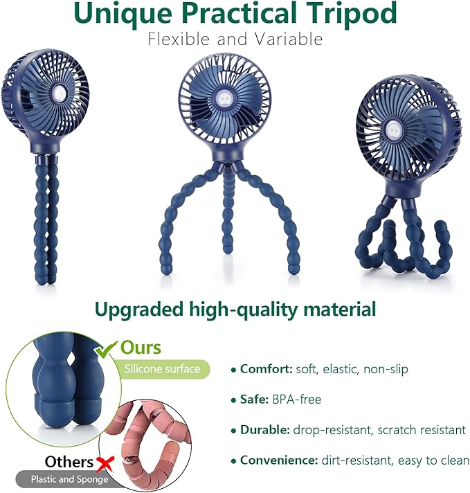 snawowo Mini Handheld Personal Portable Fan, Baby Stroller Fan, Car Seat USB or Battery Powered, with Flexible Tripod Clip on Student Bed Desk Bike Crib Treadmill Camping Traveling(Navy Blue)