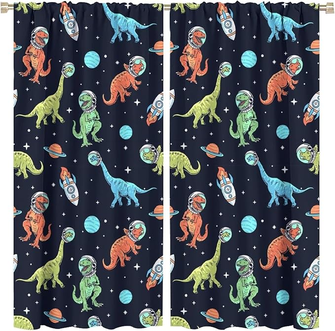 Cartoon Dinosaur Curtains for Kids Boys Girls Home Decor, Astronaut Rocket Funny Outer Space Blackout Rod Pocket Window Drapes for Bedroom Living Room W26xL84in 2 Panels