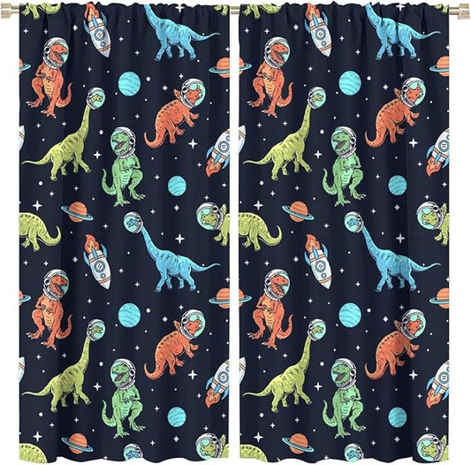 Cartoon Dinosaur Curtains for Kids Boys Girls Home Decor, Astronaut Rocket Funny Outer Space Blackout Rod Pocket Window Drapes for Bedroom Living Room W42xL84in 2 Panels