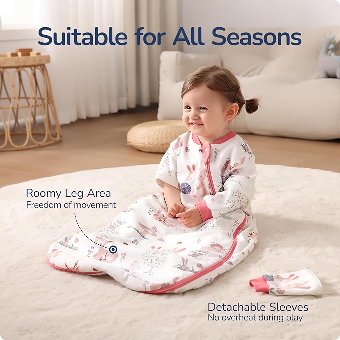 Baby Sleep Sack 3-6 Months, Cotton Detachable Long Sleeve Sleep Sack, 1.0 Tog Toddler Sleeping Sack with Temperature Strips, 2-Way Zipper Wearable Blankets for Newborns, Bunny