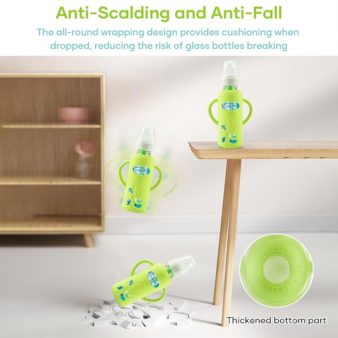 4 Pack Silicone Sleeves for Dr. Brown's Glass Baby Bottles, Anti Breakage Durable Baby Bottle Holder with Easy Grip Handles, Narrow Sleeve with a Cutout, Dishwasher/Freezer/Microwave Safe, 8 oz