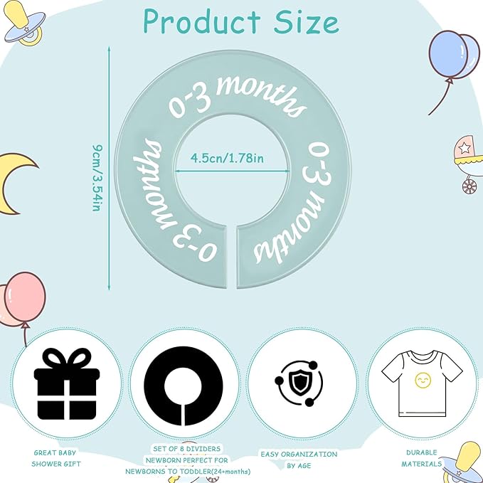 8 Pcs Baby Closet Dividers Unisex Baby Clothes Organizers Clear Labels for Nursery Closet Organizer & Decor Nursery Fits Most Rods (Retro,Bright Color)