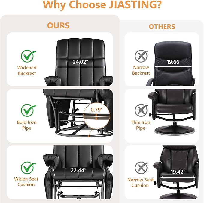 JIASTING 360° Swivel Recliner Chair with Ottoman & Double Side Pockets, Nursing Glider Rocking Recliner Chair, Gliding Chair for Nursery, Living Room, Office, Bedroom, Metal Frame (Black 1)