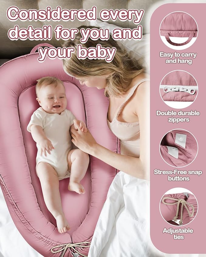 Baby Lounger - Infant Lounger for Newborn 0-24 Months, Pure Cotton Breathable Baby Nest Lounger Cover, Newborn Essentials for Baby Boys & Girls, Co Sleeper Portable Baby Bed for Home and Travel