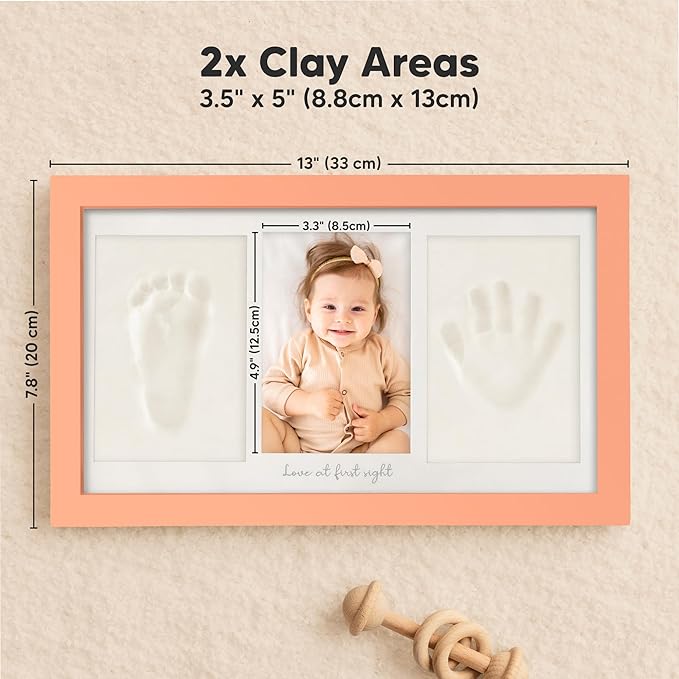 Baby Hand and Footprint Kit - Clay Handprint Keepsake Frame, Newborn Nursery Picture Frame, Personalized New Mom Gifts for Baby Shower & Registry (Salmon)