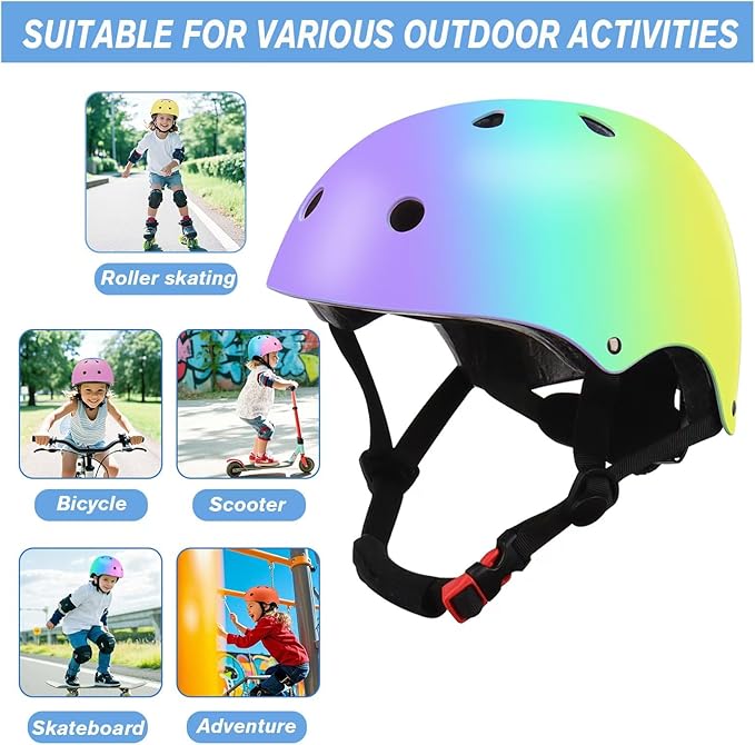 Color Gradient Adjustable Kids' Helmet with Knee & Elbow Pads Set | Multi-Sport Safety Gear for Boys & Girls Ages 5-14 | Skateboarding, Scooters, Roller & Inline Skating, Longboarding